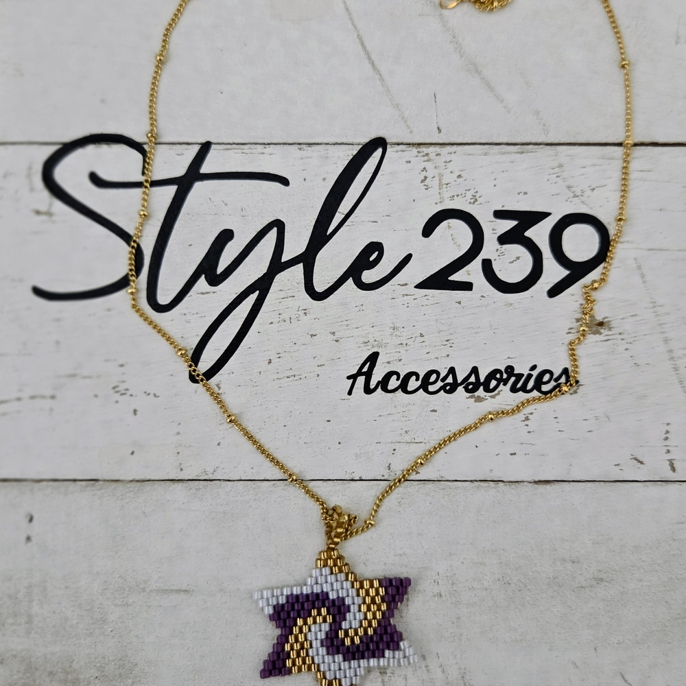 18kt Gold Plated Adjustable Necklace with Purple and Gold Miyuki Star Pendant